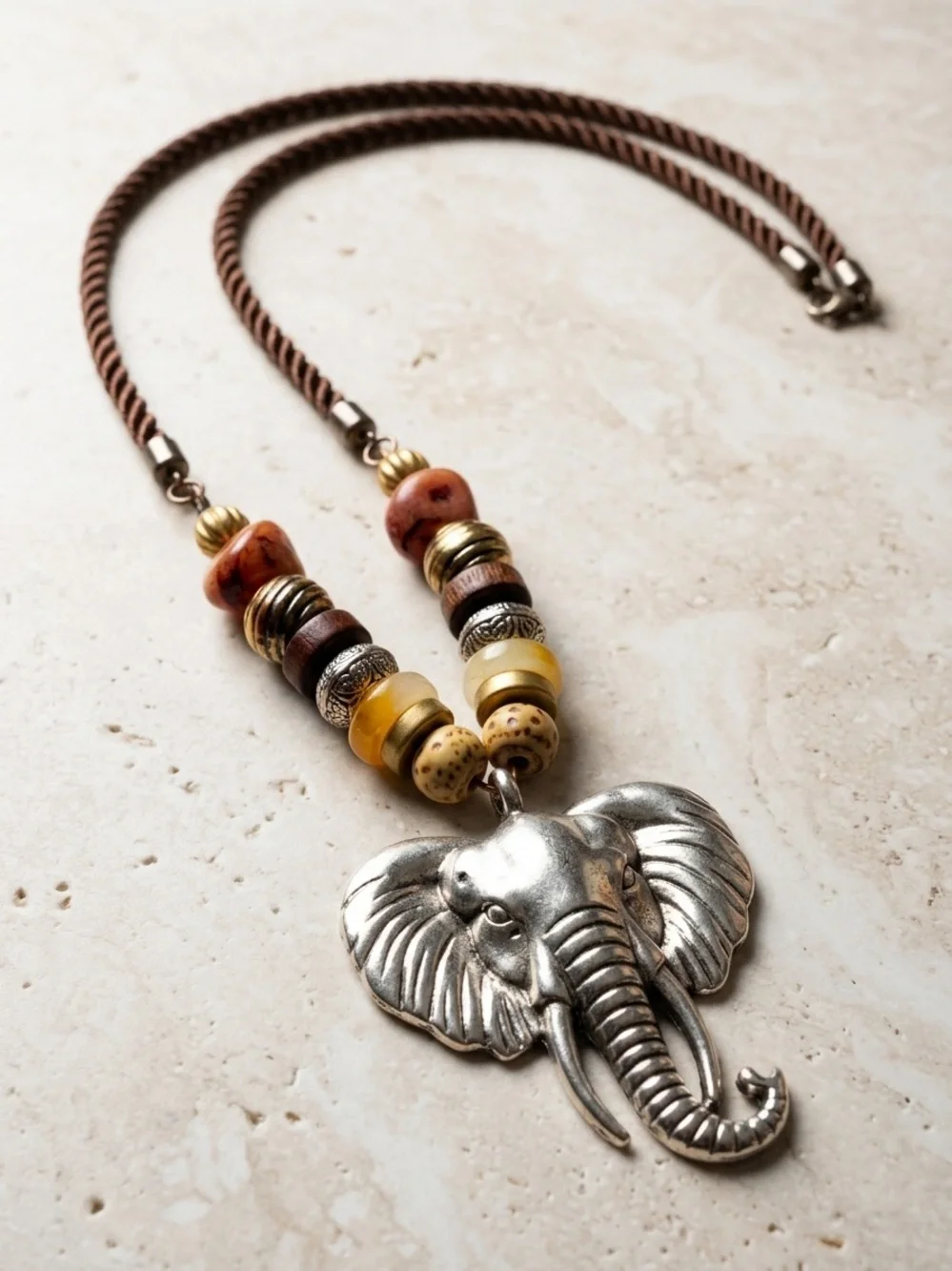 Boho Elephant Pendant Beaded Necklace Artisan Style Fashion Jewelry